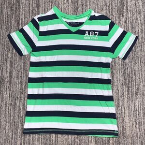 Aeropostale Mens Small Pullover Shirt Blue Green Stripe Short Sleeve V‎ Neck 90s
